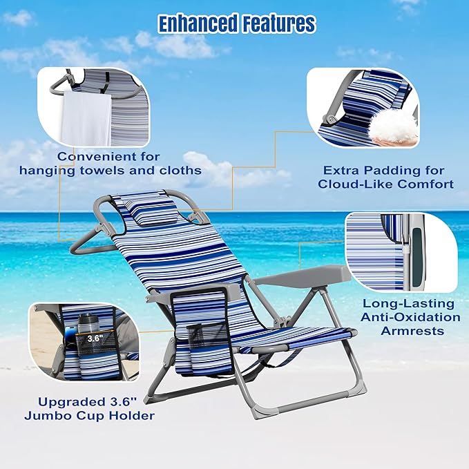 DIAMONDFORGE Lightweight Portable Beach Chair for Adults, 350 LBS Capacity Backpack Beach Chair, Reclining Beach Chair with 5-Position Lay Flat, Large Cup Holder for Beach Camping Sports, 1 Pack Blue