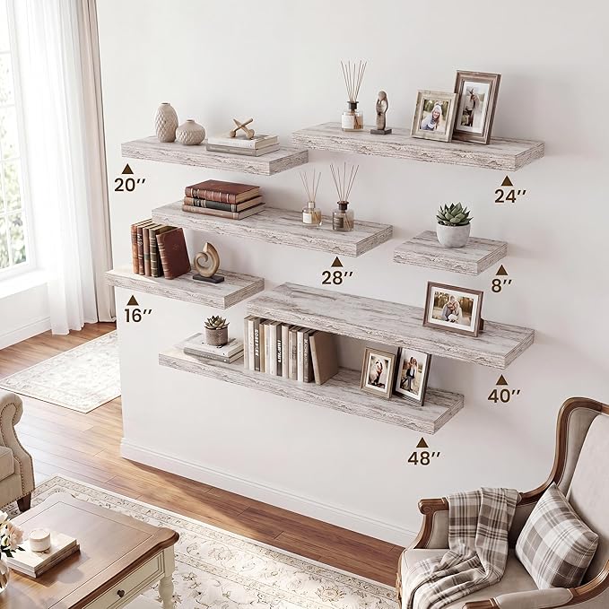 RICHFOCUS 20Inch Floating Shelves for Wall 2 Pack Shelves for Plant|Bedroom|Kitchen|Bathroom Rustic Wood Wall Mounted Shelf with Invisible Brackets for Books|Storage|Decor, Rustic White