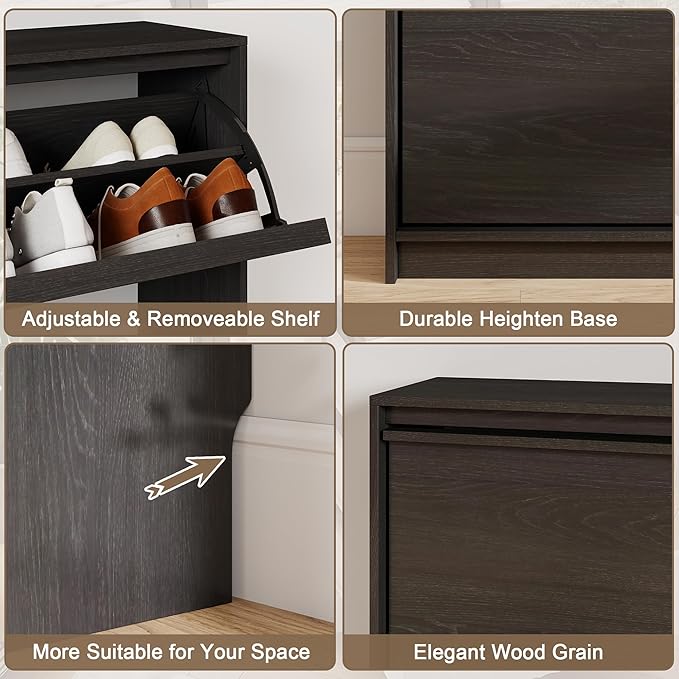 Shoe Cabinet with 2 Flip Drawers, Modern Narrow Shoe Storage Cabinet Organizer with Adjustable Shelf, Hidden Freestanding Shoe Rack for Entryway, Hallway, Living Room, Black