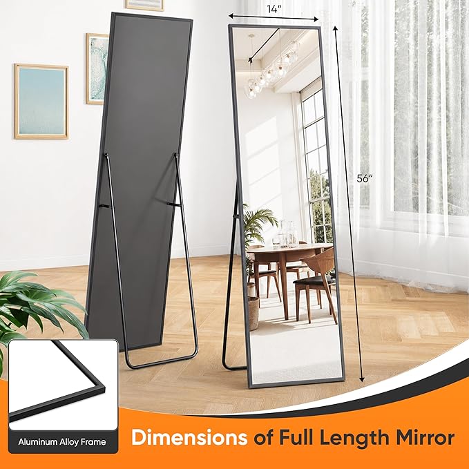 Suidia Full Length Mirror, 56"x14" Floor Standing Mirror Freestanding, Full Body Mirrors with Stand for Bedroom, Hanging Mounted for Living Room Cloakroom, Black, Rectangular Style