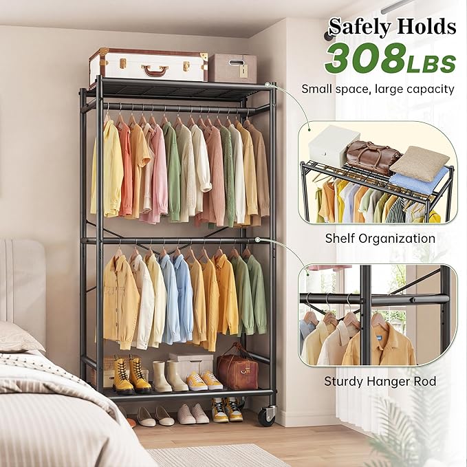 Raybee Clothes Rack, Clothing Racks for Hanging Clothes, Rolling Clothes Rack with Adjustable Rod, Double-tier Garment Rack with Wheels, Metal Portable Closet for Bedroom, Laundry, Black