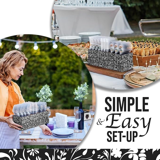Exquisite Utensil Caddy Organizer with Clear Plastic Forks and Spoons & Knives Floral Kitchen Utensil Holder for Party with 3 x 100 Plastic Spoons and Forks Disposable Knives Clear Cutlery Set