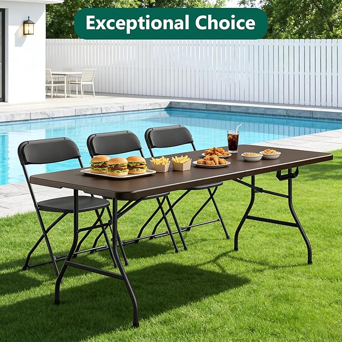 Folding Table 6FT Heavy Duty Plastic Table with Handle, Foldable&Portable, Fold-in-Half Utility Tables for Outdoor, Dining, Wedding, Events, Indoor, Picnic, Camping, Party,Brown