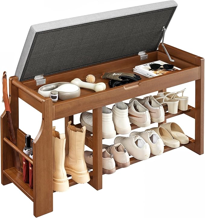 Pipishell 34″ Solid Pine Wood Shoe Rack Bench with Soft Cushion, 2 Tiers Shoe Storage Organizer with Lift-Top Storage and Side Holder, Holds up to 440 lbs, Shoe Bench for Entryway, Hallway, Bedroom