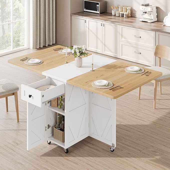 Jocoevol Space Saving Folding Dining Table for 4, Farmhouse Foldable Dining Table with Drawer and Storage Shelf, 6 Wheels Multipose Expandable Kitchen Drop Leaf Table for Small Space (Pear Wood White)