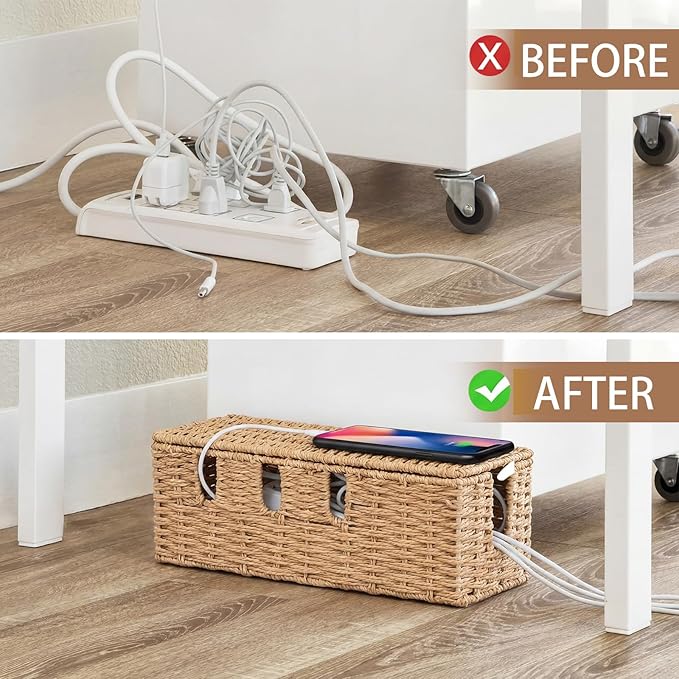 Cable Management Box with Lid Woven Paper Rope Desktop Cable Storage Box with 8 Open Slots Decorative Cord Hider Organizer Boxes for Home Office Living Room Decor, 13" x 5.1" x 5.1"