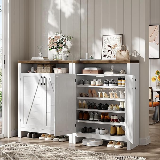 ONBRILL 6-Tier Shoe Cabinet with Doors, Farmhouse Shoe Storage Cabinet with Adjustable Shelves, Large Capacity Wooden Shoe Rack Organizer for Entryway, Closet, Hallway, Living Room, White