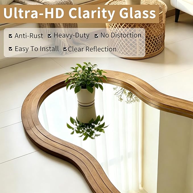 Wavy Full Length Mirror, 67"x31.5" Organic Floor Mirrors with Triple-Layer Solid Wood Frame, Large Irregular Aesthetic Mirror for Living Room Entryway Hallway Cloakroom, Leaning/Hanging