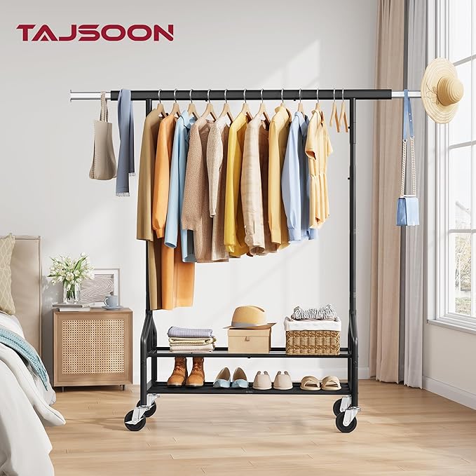Tajsoon Clothing Rack Load 350 LBS, Metal Clothes Rack with Double Layer Shelves, Adjustable Garment Rack for Hanging Clothes, Heavy Duty Portable Rolling Rack, Black