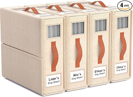 4 Pack Bed Sheet Organizers and Storage(King &Queen Size) with an Elastic Strap, Foldable Closet Linen Sheet Storage Container, Sheet Set Box for Blankets, Duvet Cover and Pillowcase, Beige