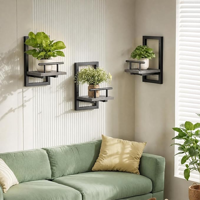Sbosbo Floating Shelves for Wall, Plant Shelf Indoor, Wall Planters for Indoor Floating Plant Shelves for Bedroom, Living Room, Kitchen, Office, Bathroom Decor (Grey, 2 Pack)