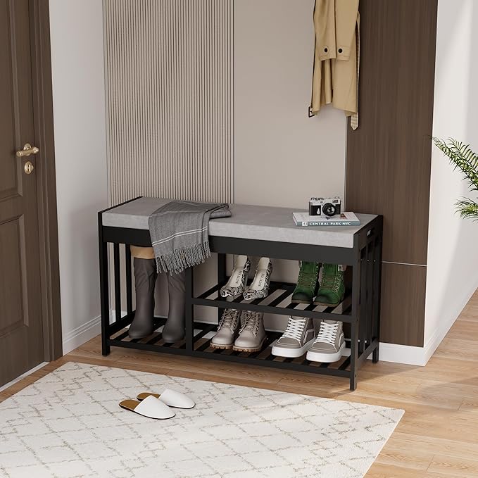 APRTAT 3-Tier Bamboo Shoe Rack Bench, Shoe Storage Organizer Bench, Entryway Benchs, Shoes Rack for Front Door Entrance, Entryway Bathroom Bedroom (Black, Large)