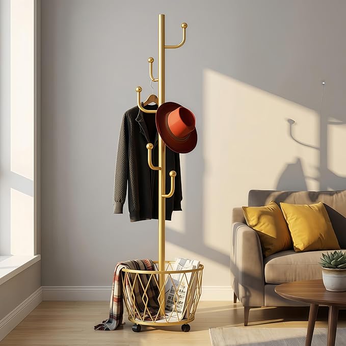 Cactus shaped Freestanding Metal Coat Rack Stand with Basket Modern Organizer for Scarf Jacket Hat Bags Ideal for Home Entryway Bedroom Corner Stable and Moveable (gold)