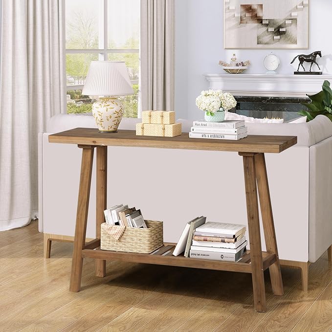 HOKYHOKY Reclaimed Solid Wood Console Table, 43.3" Farmhouse Entryway Table, Narrow Couch Tables Behind Sofa, 2 Tiers Accent Tables for Hallway, Entrance, Foyer, Living Room