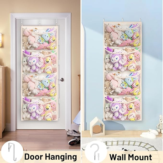 Wide Over The Door Stuffed Animal Storage, Cotton Toy Organizer for Plush Toys, Baby Supplies, Stuffed Animal Holder with 4 Large Pockets, Hanging Door Organizer for Nursery, Bedroom, Kids Room