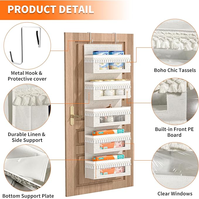 Aokeyee 5 Tier Over The Door Organizer Storage Nursery, Boho Door Organizer Hanging with Tassels and Clear Window, 65lb Behind The Door Storage for Baby Nursery, Bedroom, Bathroom