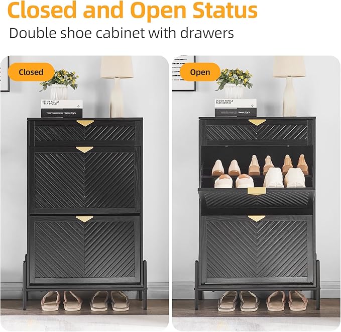 Shoe Cabinet Storage with 2 Flip Drawers, Narrow Hidden Shoes Organizer Cabinet for Entryway, Freestanding Slim Shoe Rack Front Door Entrance(Black)