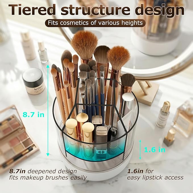 CTIME 360° Rotating Makeup Organizer, 5 Compartments Makeup Brush Holder, Cosmetic Storage for Lipsticks, Nail Polish, Makeup Organizer Countertop for Vanity, Desktop & Bathroom