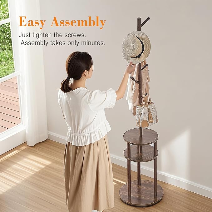 VECELO Coat Rack Freestanding, Entryway Hanger Stand, Umbrella Holder, Hall Tree With Hooks, Floor Standing Metal Tree Stand,Walnut