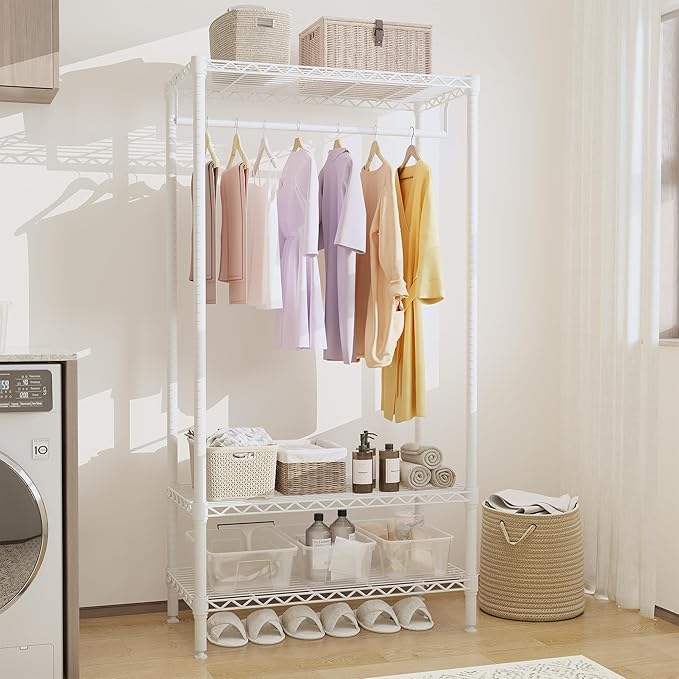 3-Tier Metal Clothes Rack with Adjustable Shelves and Hanging Rod, Freestanding Wardrobe Storage Organizer, 660 lbs Capacity, Portable for Bedroom or Laundry Room, White