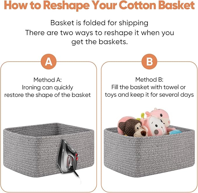 OIAHOMY 4 Pack 14.17 * 11.02 * 6.3IN Storage Baskets for Organizing Shelves, Woven Rope Baskets for Organizing Books, Clothes, Decorative Basket for Living Room, Nursery, Bedroom, Gift Basket, Grey
