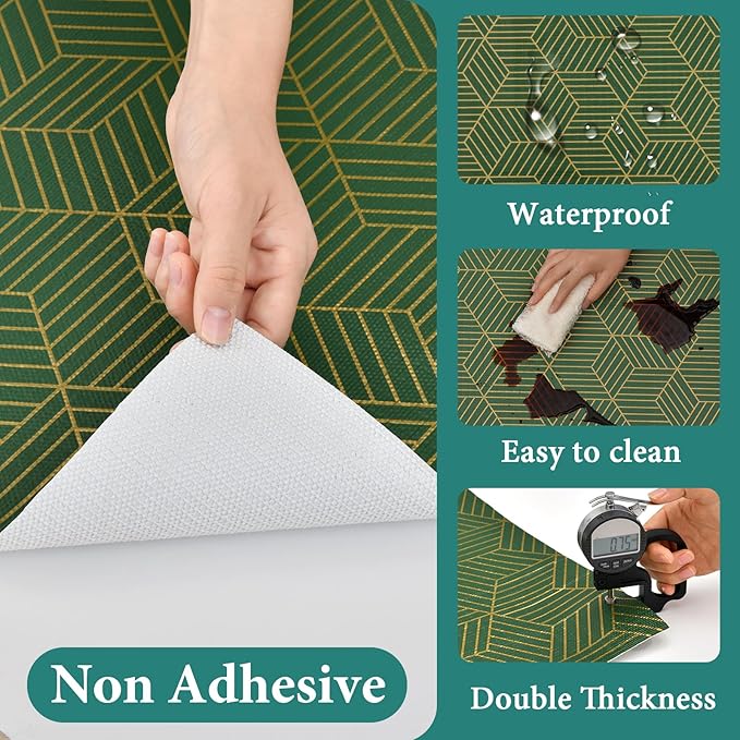 Shelf Liners for Kitchen Cabinets 17.5in x 30FT, Non Adhesive Cabinet Liner Strong Non-Slip Thickened Gold Green Geometric Drawer Liner, Easy to Clean for Shelf, Cabinet with Knife and Tape Measure
