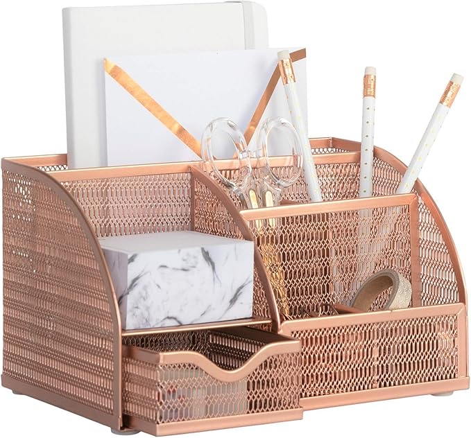 BLU MONACO Rose Gold Mesh Metal Desk Organizer with Drawer – 6 Compartments for Office Supplies & Accessories
