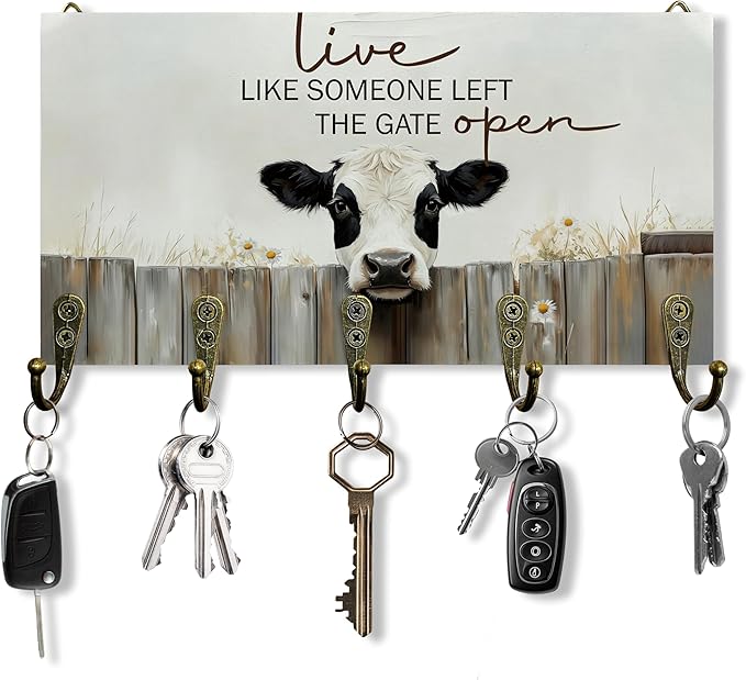 Cow Gifts Key Holder for Wall 10"x5.12", Cow Decor Key Hanger Wall Mount, Live Like Someone Left The Gate Open Rustic Farmhouse Cows Wooden Hanging Keys Holder Decor for Entryway