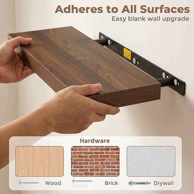 Venusmiles Floating Shelves for Wall, 24 Inch Floating Shelves Set of 2, 6.5" D Wooden Wall Mounted Display Shelves with Invisible Brackets for Living Room, Bedroom, Bathroom, Kitchen Decor, Walnut