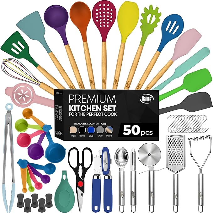 Kaluns 50 PCS Silicone Kitchen Utensils Set Complete Kitchen Set - 800°F Heat Resistant Non-Stick Premium Cooking Utensils W Wooden Handles - Can Opener, Masher, Turner, Silicone Spatula Set