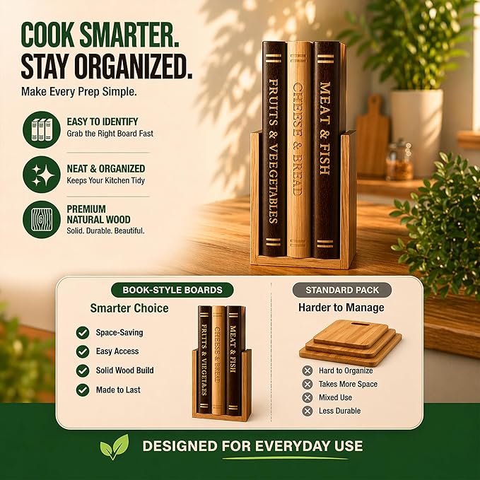 Acacia Wood Book Cutting Board Set with Stand, Wooden Cutting Boards That Look Like Books for Hands-Free Recipe Viewing, Beginner Cooking, Breakfast Prep, Family Meals & Housewarming Gift
