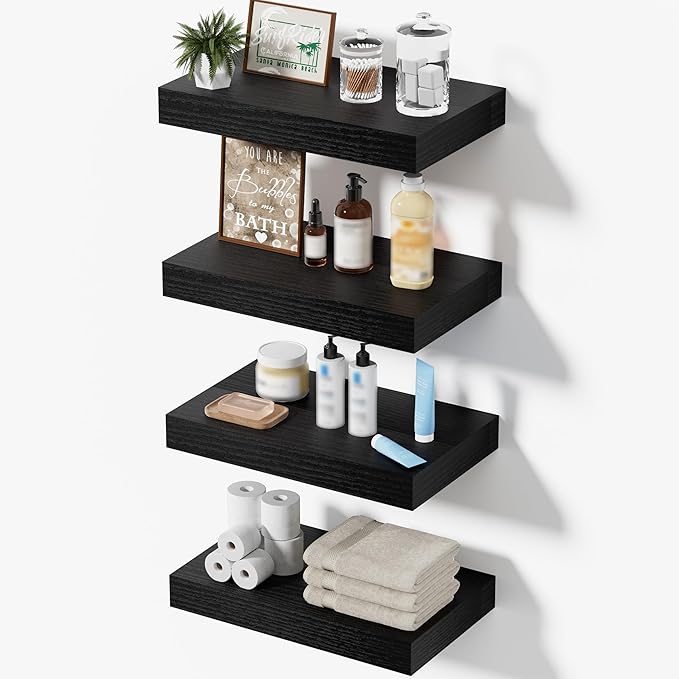 Black Floating Shelves for Wall, Set of 4 Wooden Wall Mounted Shelves for Bathroom Over Toilet, Bedroom, Kitchen, Living Room & Office, Hanging Storage and Wall Decor, 12"x7"x1.5"