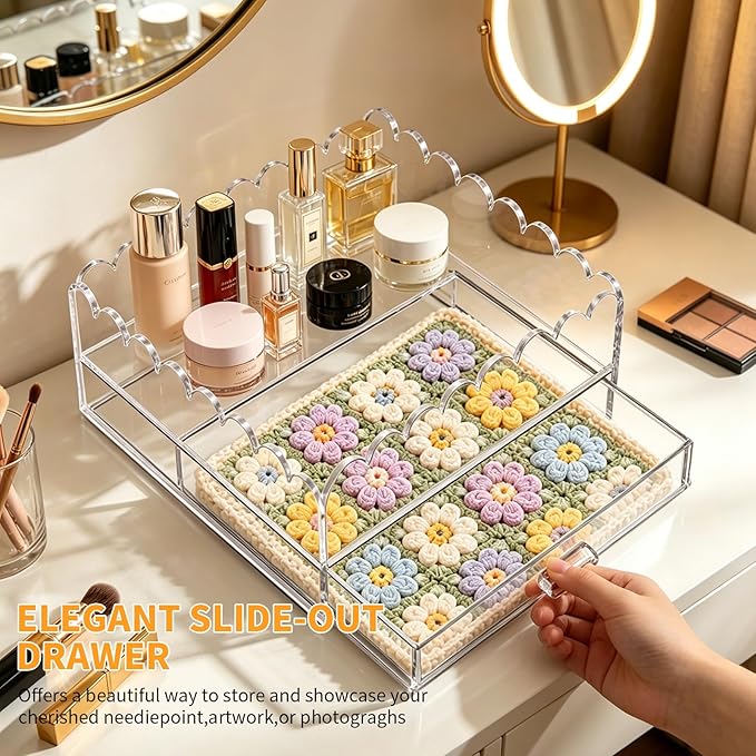 Scalloped Acrylic Tray, 5" x 5" Clear Acrylic Tray with Drawer for Needlepoint,Jewelry,Insert Photos, Art, Fabric, Napkin and Messages Display Basket, Decorative Tray Gift for Home Decor