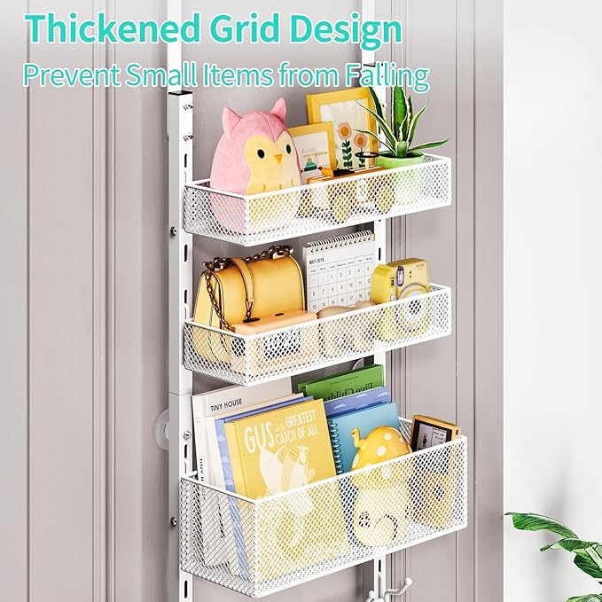 HapiRm Over The Door Hanger with Coat Hooks and 3 Baskets, Rustproof Over The Door Hooks, Storage Organizer for Hats, Towels - White