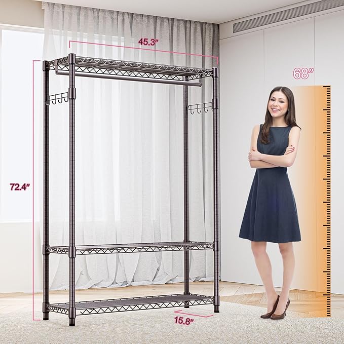 M MZG Heavy Duty Rolling Garment Rack 3 Tiers Adjustable Wire Shelving Clothes Rack with 1 Rods and Side Hooks,Storage Closet Clothing Rack Grey 15.7" D x 45.3" W x 72.4" H