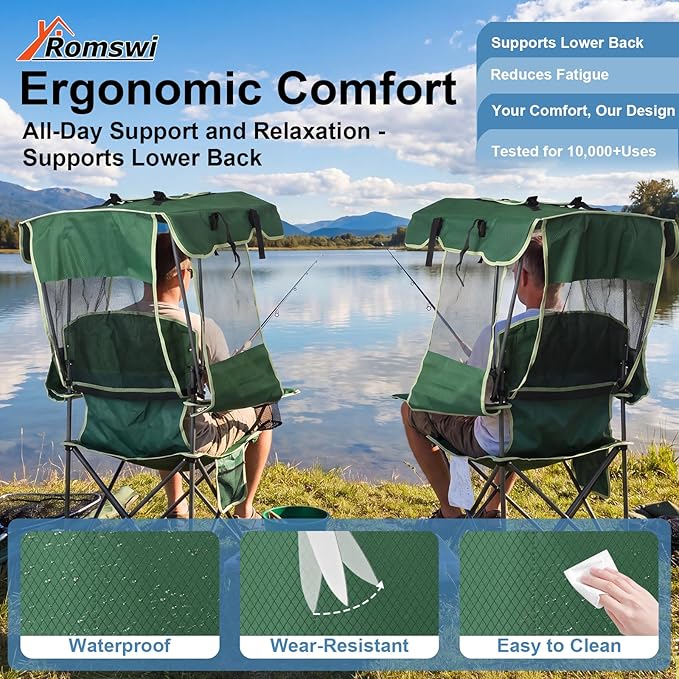 Romswi Folding Canopy Beach Camping Chairs for Adult 2 Pack, Portable Outdoor Chairs with Sunshade,Cup Holder & Side Pocket for Camping, Fishing, Beach, Backyard, Green