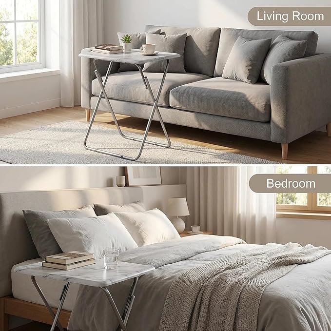 Tv Trays Folding Tv Table, Dinner Table for Eating with Sturdy Metal Frame, Small Foldable Snack Trays Table for Living Room, Couch,Sofa, Bed, No Assembly Required (White Marble 2-Piece Set)
