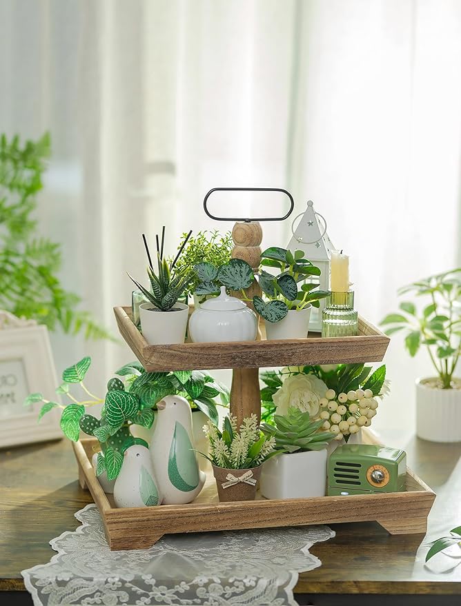 Hanobe Tiered Tray for Table Decor: 4th of July 2 Tier Decorative Tray Stand for Coffee Bar - Large Farmhouse Display Stands for Seasons - Wood for Kitchen Counter Decorations