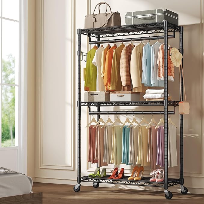 OLIXIS Clothes Rack Heavy Duty Adjustable Garment Clothing Rack with Wheels, Rolling Metal Freestanding Closet Organizer for Hanging Clothes with 2 Side Hooks, Double Rods, 47"x17"x80", Black