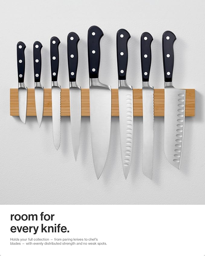 LARHN Magnetic Knife Holder for Wall or Fridge - No-Drill Bamboo Knife Magnetic Strip, 16″ - Renter Friendly