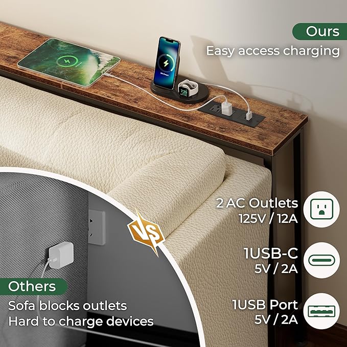 SUPERJARE 51.2 Inch Sofa Table with Power Outlet and USB-C Port, 5.9 Inch Narrow Console Table, Entryway Hallway Couch Table with Storage, Behind Sofa, Small Spaces, Living Room, Rustic Brown