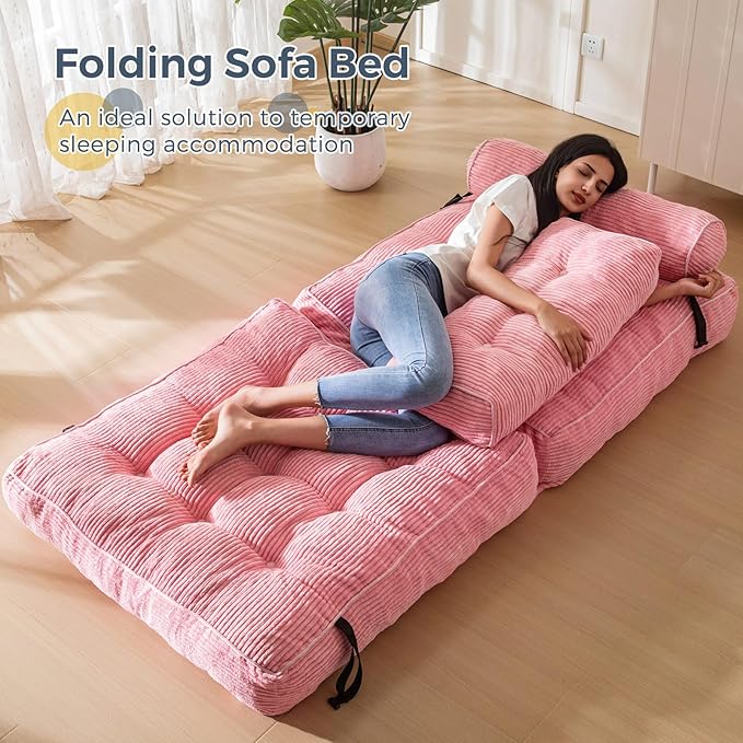 MAXYOYO Folding Sofa Bed, Convertible Chair with Pillow Foldable Couch with Back Support, Portable Fold Out Chair Bed Comfy Floor Sofa Lounge for Living Room Bedroom, Pink, Single