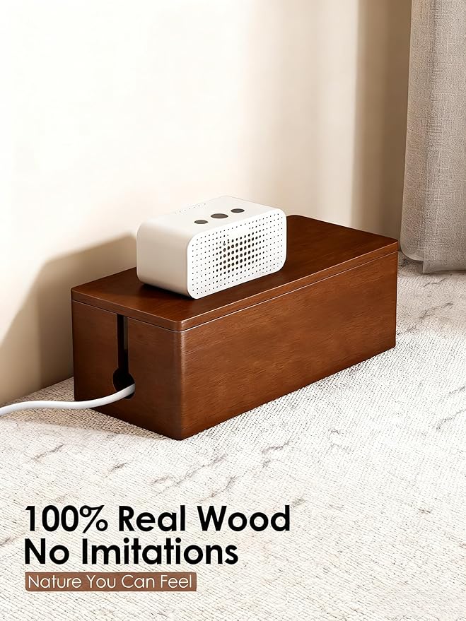Real Wood Cable Management Box - Minimalist Home Office Decor - Walnut Finish Cord Organizer to Hide Wires & Power Strips - Spring Cleaning Essential for Desk & TV Stand - Safe for Pets & Kids