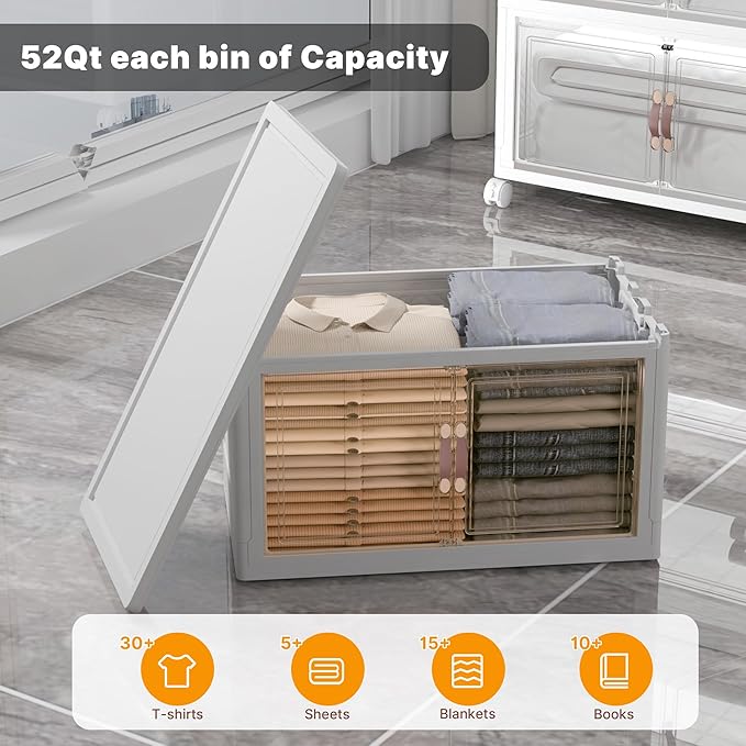 UAMFURI Stackable Storage Bins with Lids, 416QT Closet Organizers and Storage with Doors and Wheels, Extra Large Storage Cabinet, Collapsible Plastic Drawers for Bedroom Dorm Office Garage