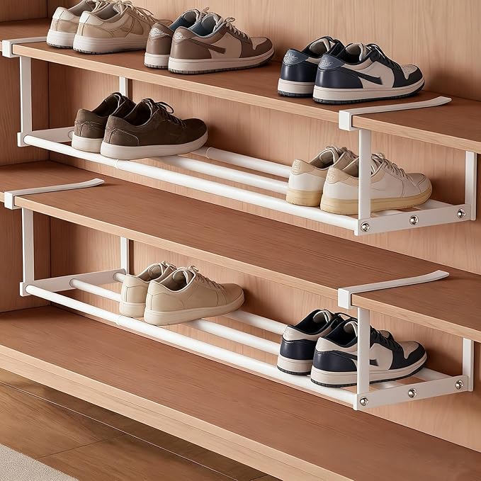 Under-Shelf Expandable Shoe Rack Organizer, White Metal, 40-70cm Width Adjustable, Cabinet Storage for Closet，Retractable Shoe Rack Organizer，Expandable（4 Pcs）