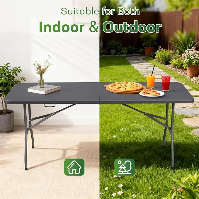 FDW 6 FT Folding Table, Portable Plastic Table with Carrying Handle Perfect for Indoor, Outdoor, Party, Dining, Wedding, Events, Camping, Grey