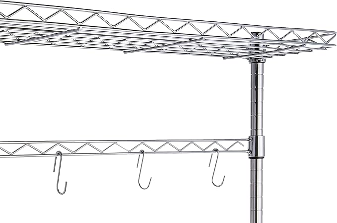 Amazon Basics 3 Tier Sturdy Baker's Rack with Kitchen Storage, Storage Shelf, Utility Storage, Removable Top, Hanging Bar, 14" x 35.83" x 63.31", Wood/Chrome