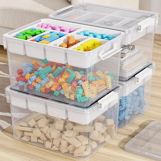160Qt Large Stackable Storage Bins with Lids & Trays, Clear Plastic Latching Boxes Organizers with Dividers Portable 40Gal Containers for Arts & Crafts, Home and Car Trunk Organization, 4Pack