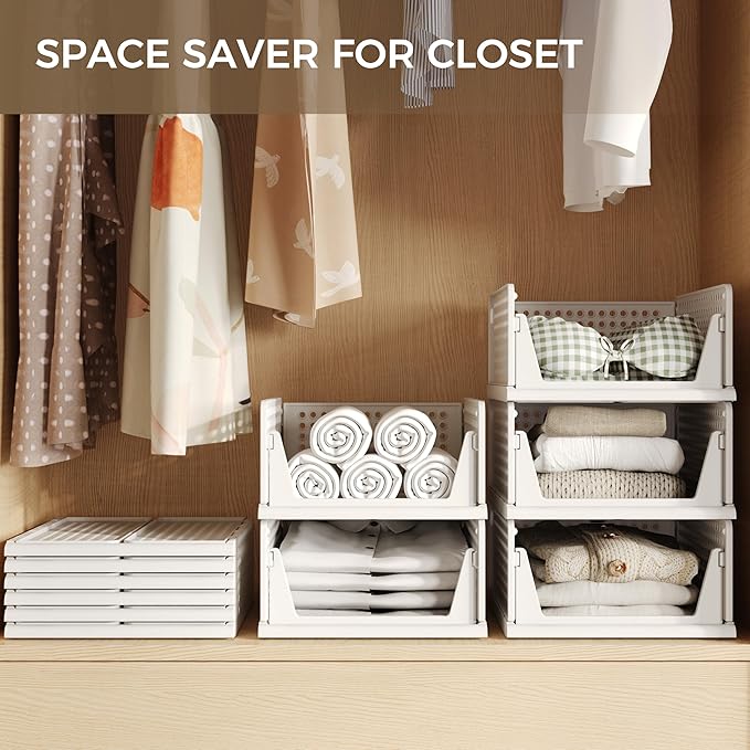 Pinkpum 6 Pack Closet Organizers Storage Bins, Stackable Plastic Drawer Basket for Clothing, Stackable Storage Bins Shelf Storage Container for Closet Wardrobe Bedroom Bathroom Office White