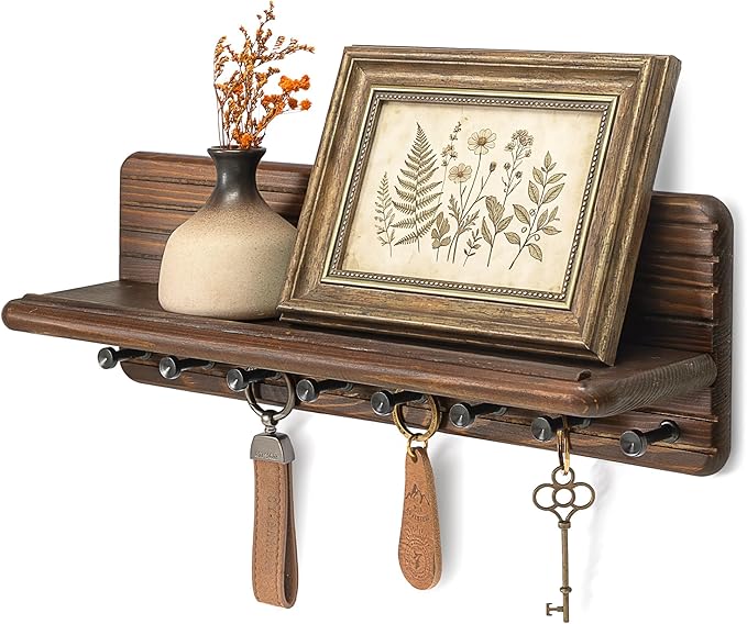 Rebee Vision Retro Key Holder wall Mount for Room Decor – Farmhouse Key Hanger with 8 Durable Hooks & Floating Shelf for Coat Rack – Mail Organizer for Entryway, Wall Decor, or Office Decor (Brown)